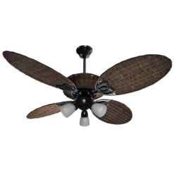 Ventilador de Techo Florencia Rattan Negro con Araña Bombe y Palas de Rattan Marron